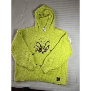 The Grinch By Justice Girls Lemon Green Fuzzy Sweater Embroidered Grinch Size XL